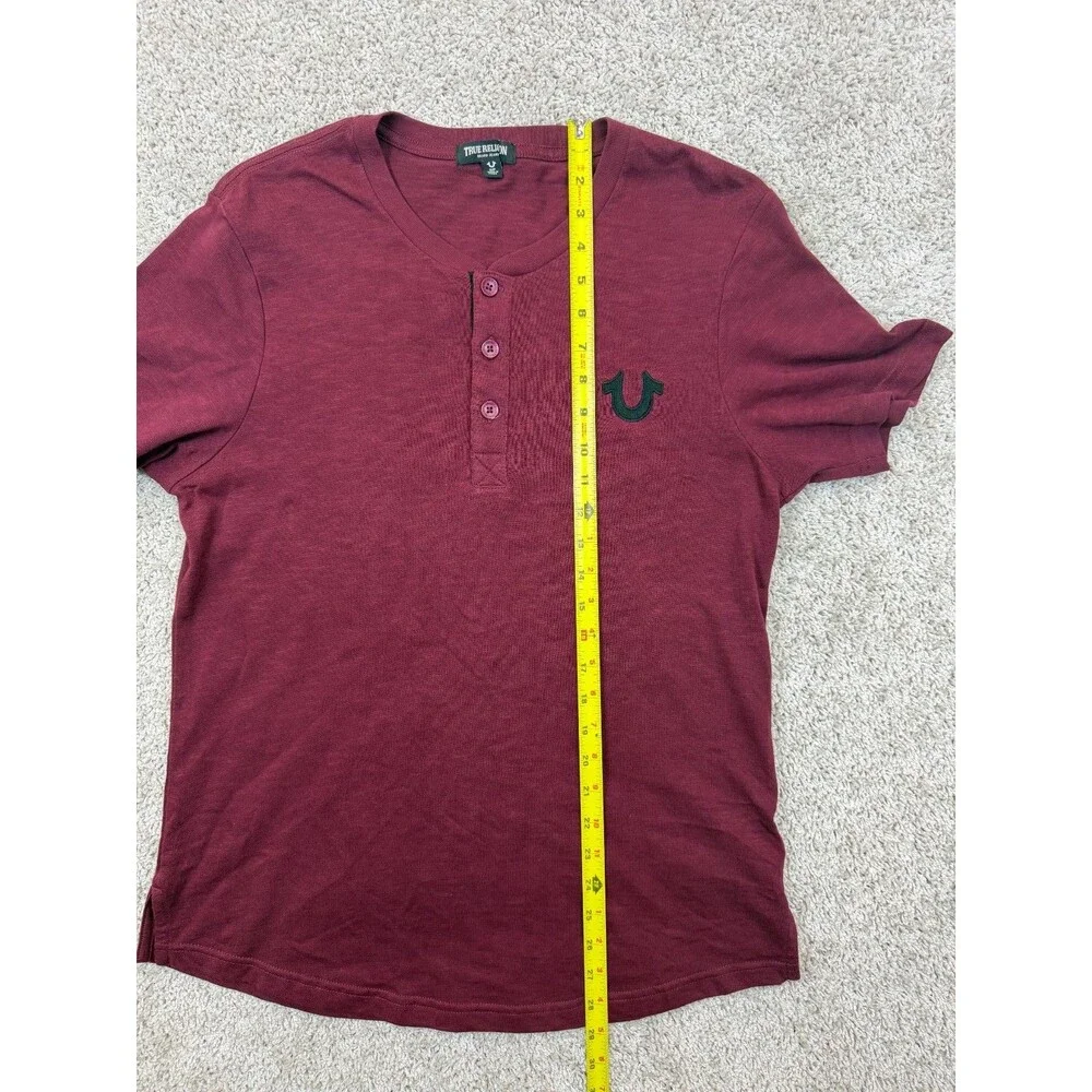 True Religion Men's S Burgundy Henley T Shirt Horseshoe Logo 100% Cotton